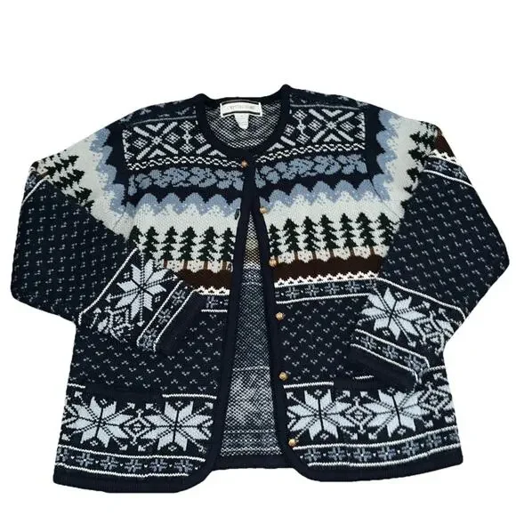 Crystal-Kobe Pine Tree Cardigan Sweater Vintage Ski Size Medium Y2K - Picture 1 of 5